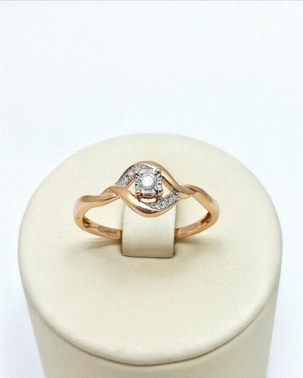 Золотое кольцо женское из красного золота 585 пробы, вставка бриллианты, размер 17,5