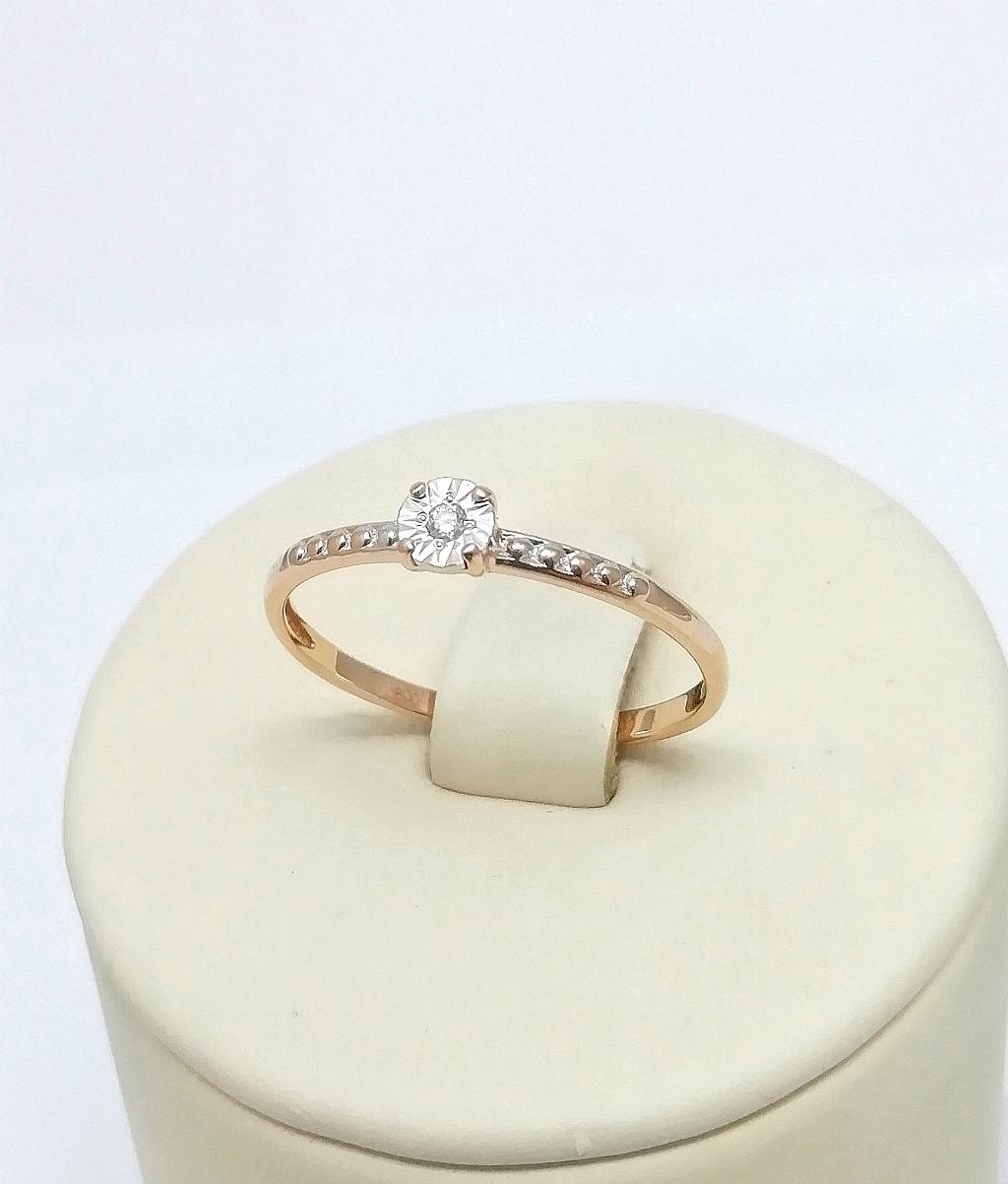 Золотое кольцо из красного золота 585 пробы, вставка бриллиант, размер 16,5, вес 0,89г