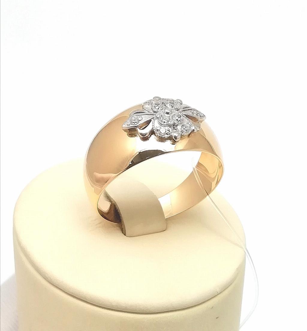 Золотое кольцо широкое из красного золота 585 пробы, вставка фианиты, размер 17,5, вес 2,94г